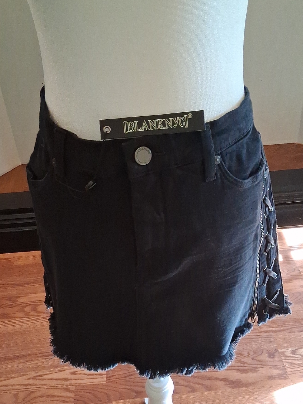 Blank NYC Black Lace-Up Frayed Hem Denim Mini Skirt